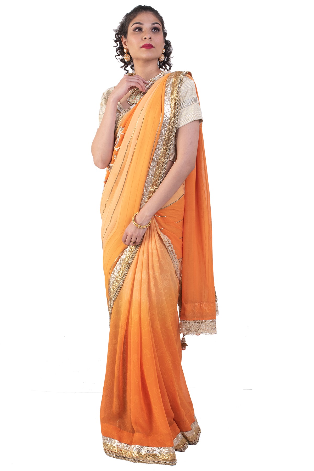 Jigar Mali Embroidered Saree With Blouse | Orange, Dori, Chiniya Silk,  Plunge Neck, Half | Orange saree, Saree, Blouses for women